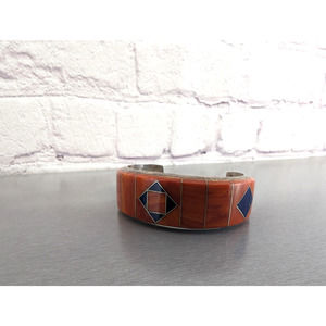 Native American Navajo Spiny Oyster Onyx Inlaid Sterling Cuff Signed Mimi